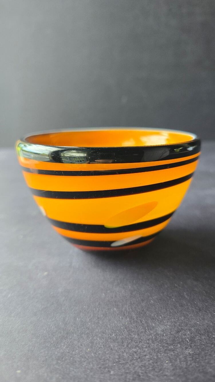 Hand Blown Art Glass Bowl Orange Black Striped Decor Tiger
